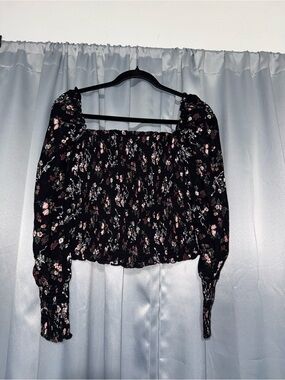 Reformation Black Smocked Off-Shoulder Top with Pink Floral